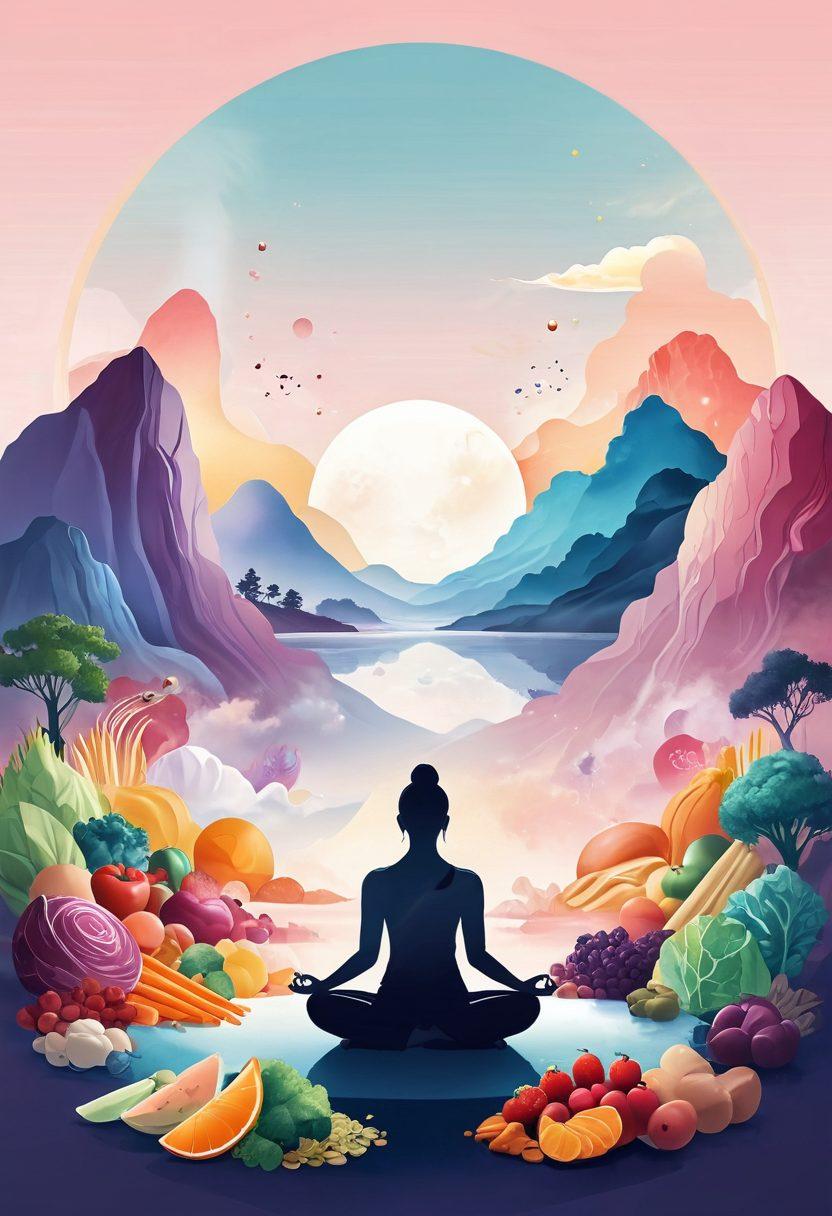 A serene landscape with a person meditating in a peaceful void, surrounded by ethereal light and abstract representations of healthy foods. Incorporate gentle, flowing shapes symbolizing emotional elation while dieting. Emphasize a balance between tranquility and joy, with soft colors blending harmoniously. minimalist style. vibrant colors. super-realistic.