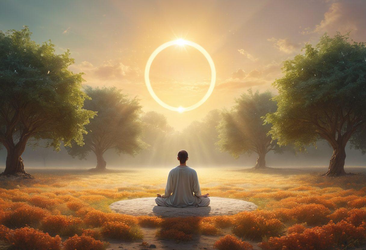 A serene landscape depicting an individual meditating in a vast, empty space with a halo of light surrounding them, symbolizing inner bliss during times of food scarcity. Surround the figure with soft, ethereal elements such as floating fruits and grains, representing abundance in simplicity. Incorporate calming pastel colors to evoke tranquility and warmth. The scene should embody joy and elation through minimalism. vibrant colors. peaceful atmosphere. 3D.