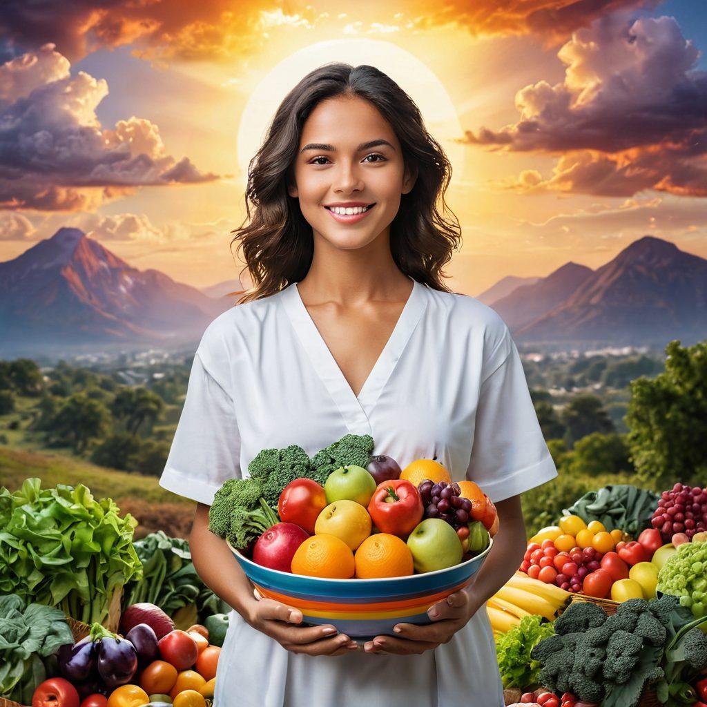A luminous figure holding a colorful bowl filled with diverse fruits and vegetables, radiating warmth and joy against a backdrop of a subtle landscape representing scarcity. The scene should convey hope and resilience through vibrant rays of sunlight piercing through dark clouds, illuminating the figure. Include elements of nature, like flowers and greenery, to signify growth and positivity. The overall mood should be uplifting and inspiring. super-realistic. vibrant colors. white background.